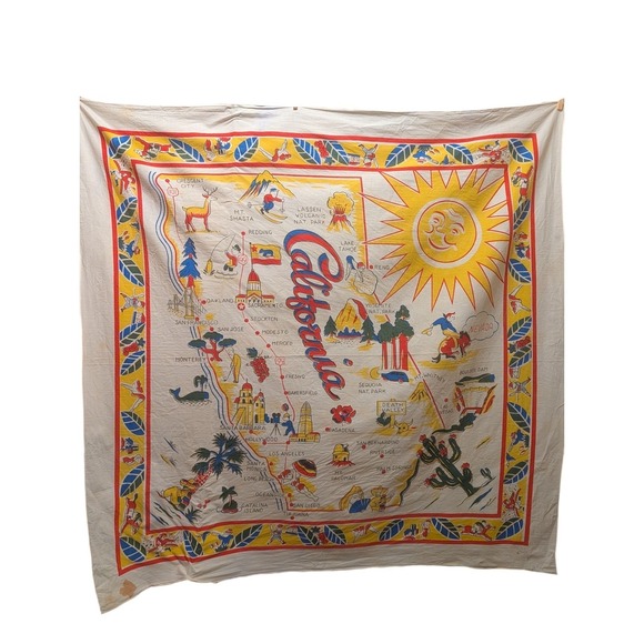 Other - Vintage California Map Souvenir Linen Tablecloth Bandana‎ Tourist Kitsch